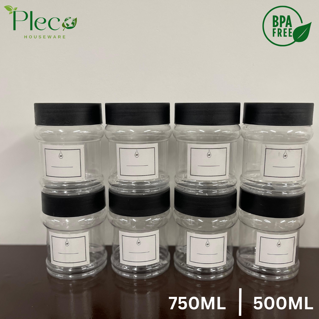 Airtight Spice & Grocery Jar Set | 2/3/4/6/8 Pcs Transparent Food Grade Containers | Kitchen Storage Canisters for Spices, Snacks, Pulses & Dry Food | With Label Stickers - Pleco Houseware