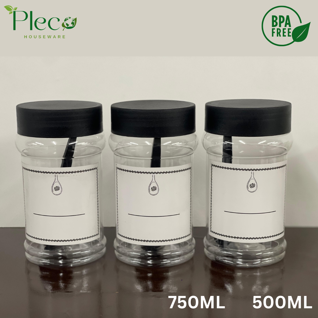 Airtight Spice & Grocery Jar Set | 2/3/4/6/8 Pcs Transparent Food Grade Containers | Kitchen Storage Canisters for Spices, Snacks, Pulses & Dry Food | With Label Stickers - Pleco Houseware