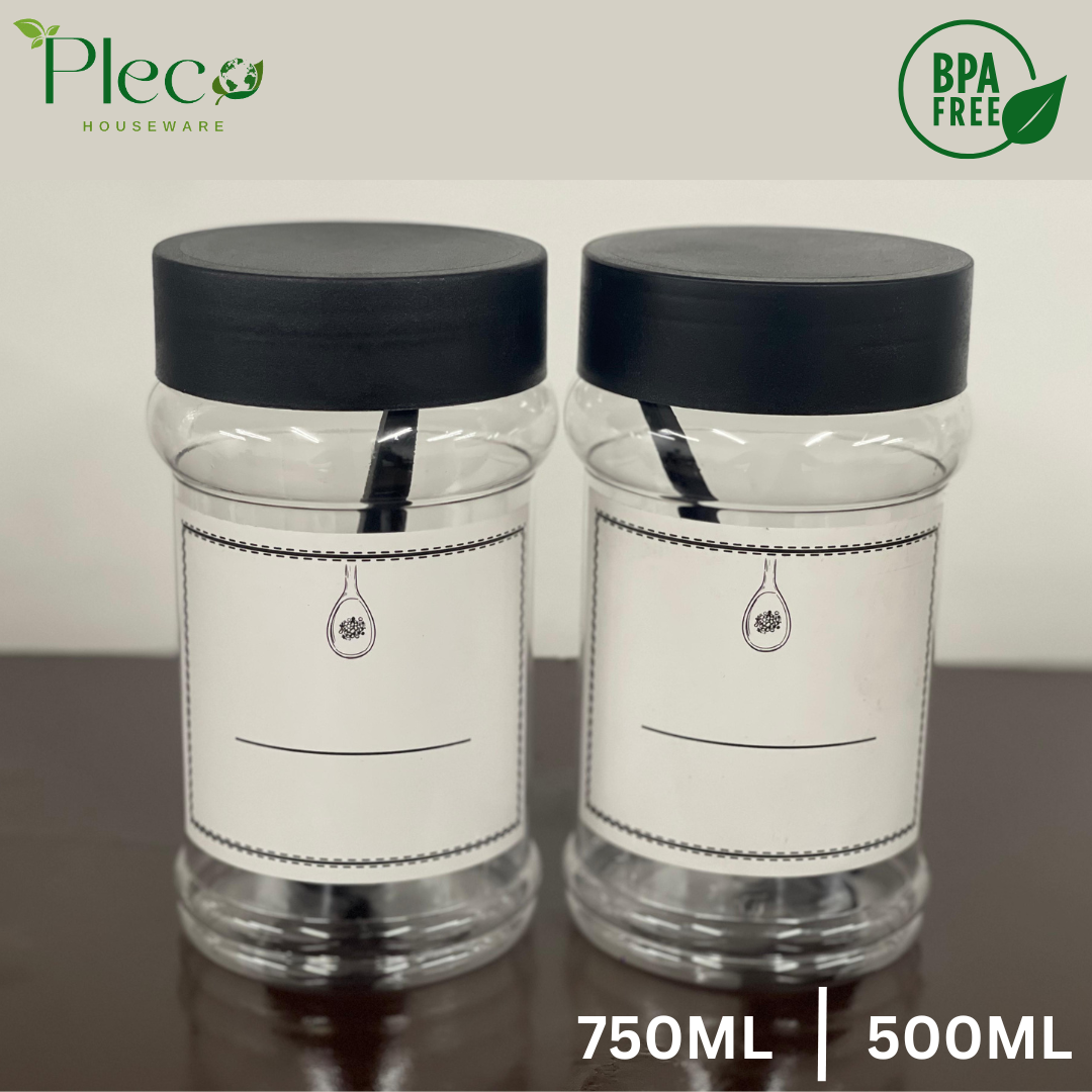 Airtight Spice & Grocery Jar Set | 2/3/4/6/8 Pcs Transparent Food Grade Containers | Kitchen Storage Canisters for Spices, Snacks, Pulses & Dry Food | With Label Stickers - Pleco Houseware