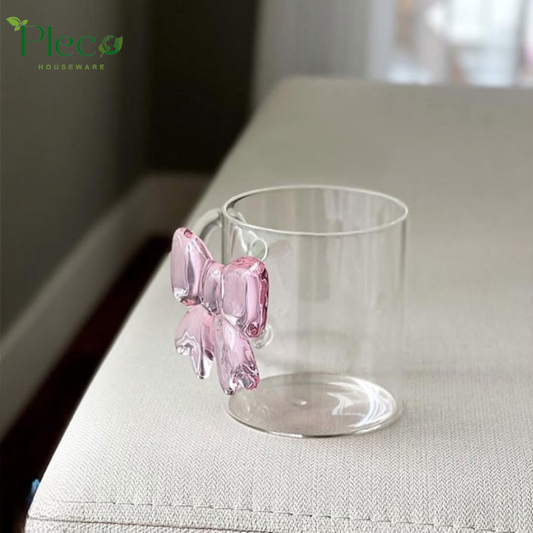 Creative Bow Glass Mug 300ml – Rose Handled Glass Cup