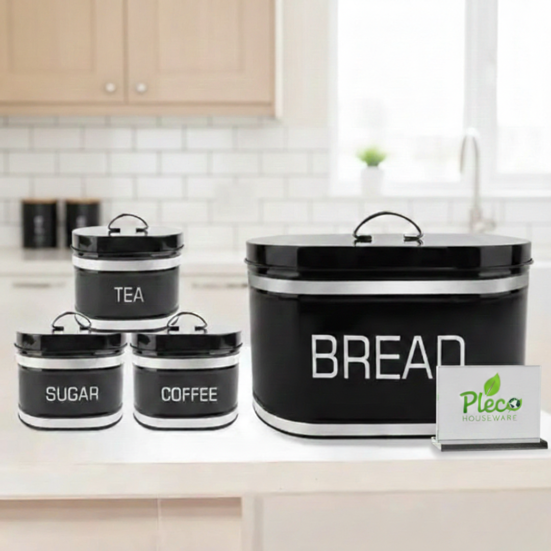 4 Pcs Metal Kitchen Bread Box & Canister Jar Set – Luxury Countertop Storage - Pleco Houseware