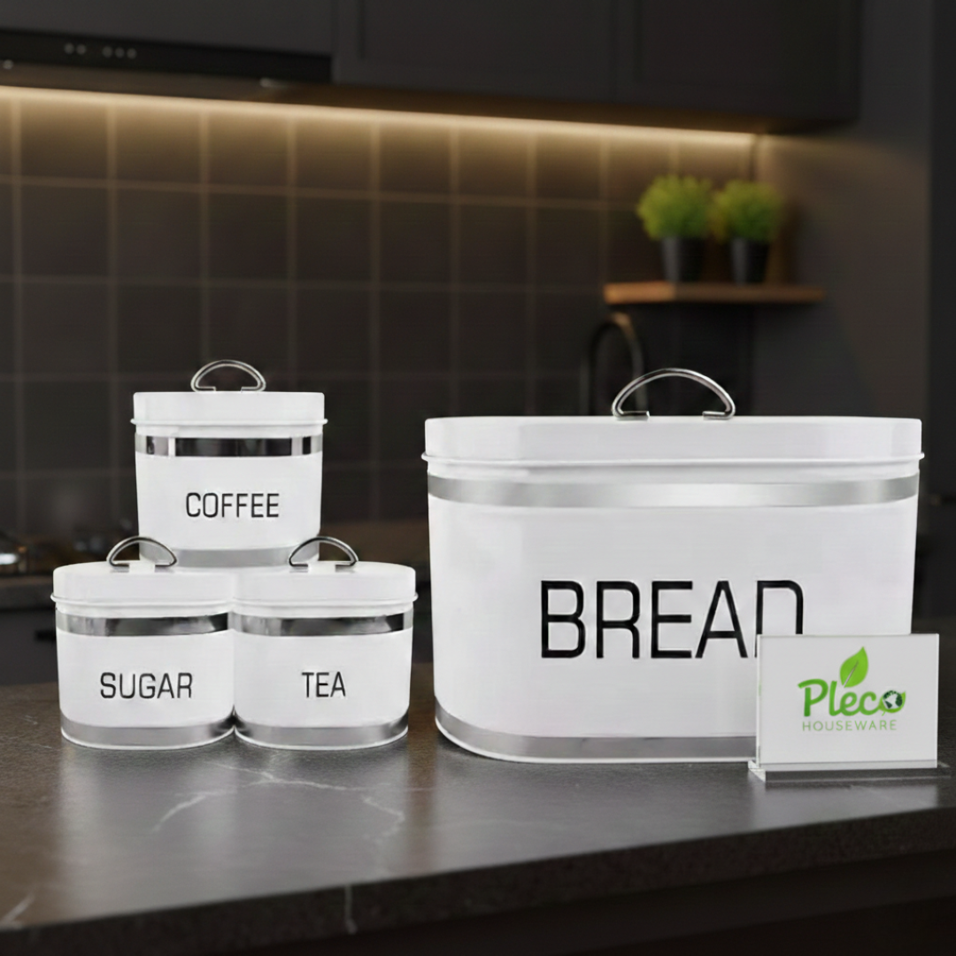 4 Pcs Metal Kitchen Bread Box & Canister Jar Set – Luxury Countertop Storage - Pleco Houseware