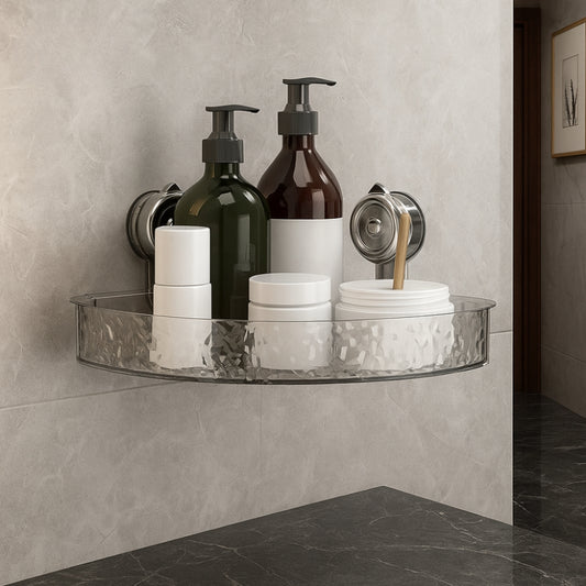 LUXURY VILLA BATHROOM CORNER SHELF ORGANIZER – SUCTION WALL MOUNTED ACRYLIC RACK