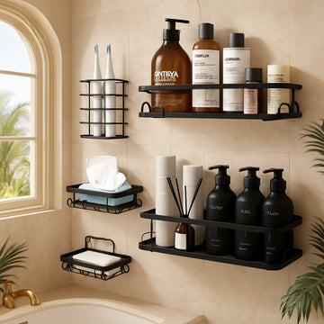 5 PIECE LUXURY BATHROOM WALL RACK SET | BLACK METAL STORAGE ORGANIZER FOR TOILETRIES & ACCESSORIES