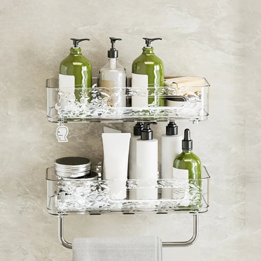 PUNCH-FREE WALL MOUNTED BATHROOM STORAGE RACK – TRANSPARENT TOILETRIES & MAKEUP ORGANIZER TRAY