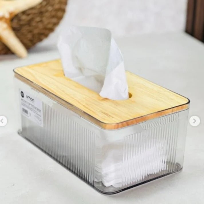 ClearView Tissue Box with Wooden Lid - Pleco Houseware