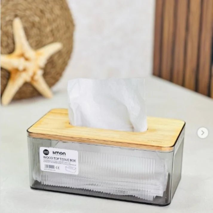 ClearView Tissue Box with Wooden Lid - Pleco Houseware