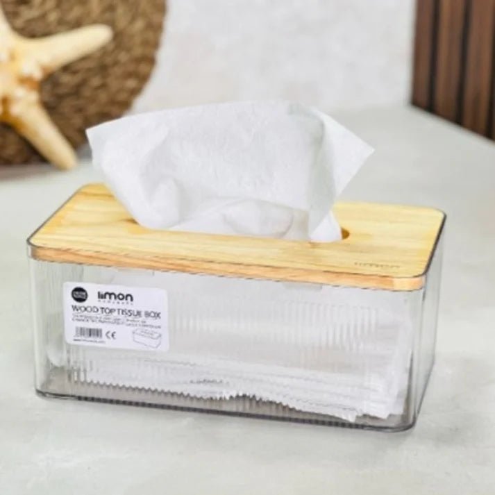 ClearView Tissue Box with Wooden Lid - Pleco Houseware