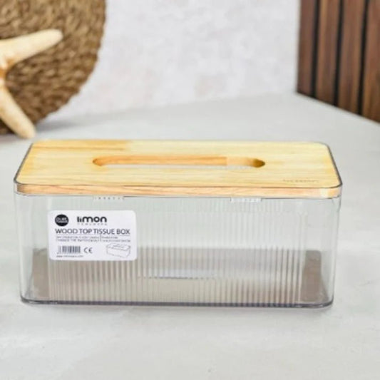 ClearView Tissue Box with Wooden Lid - Pleco Houseware