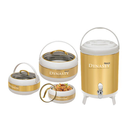 Dynasty White and Gold Hotpot Set with Water Cooler – 4 Piece Insulated Food Warmer Collection