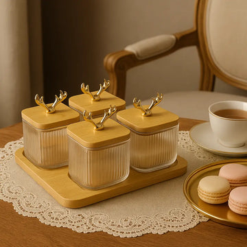 Golden Antler Spice Jar Set – 4-Piece Bamboo & Glass Organizer