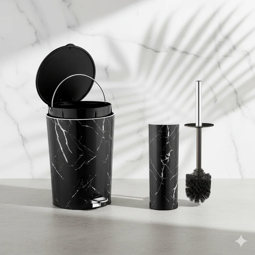 Marble Dustbin & Brush Set - Pleco Houseware