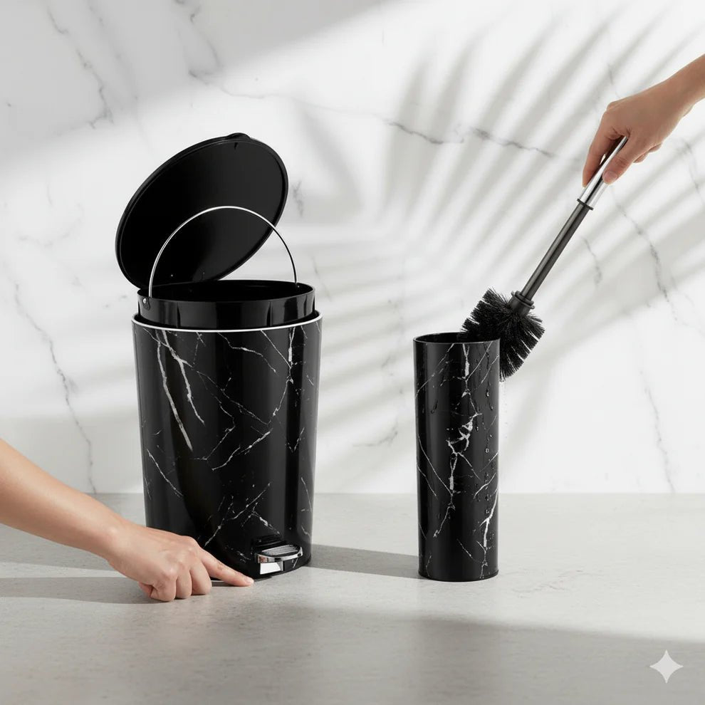 Marble Dustbin & Brush Set - Pleco Houseware