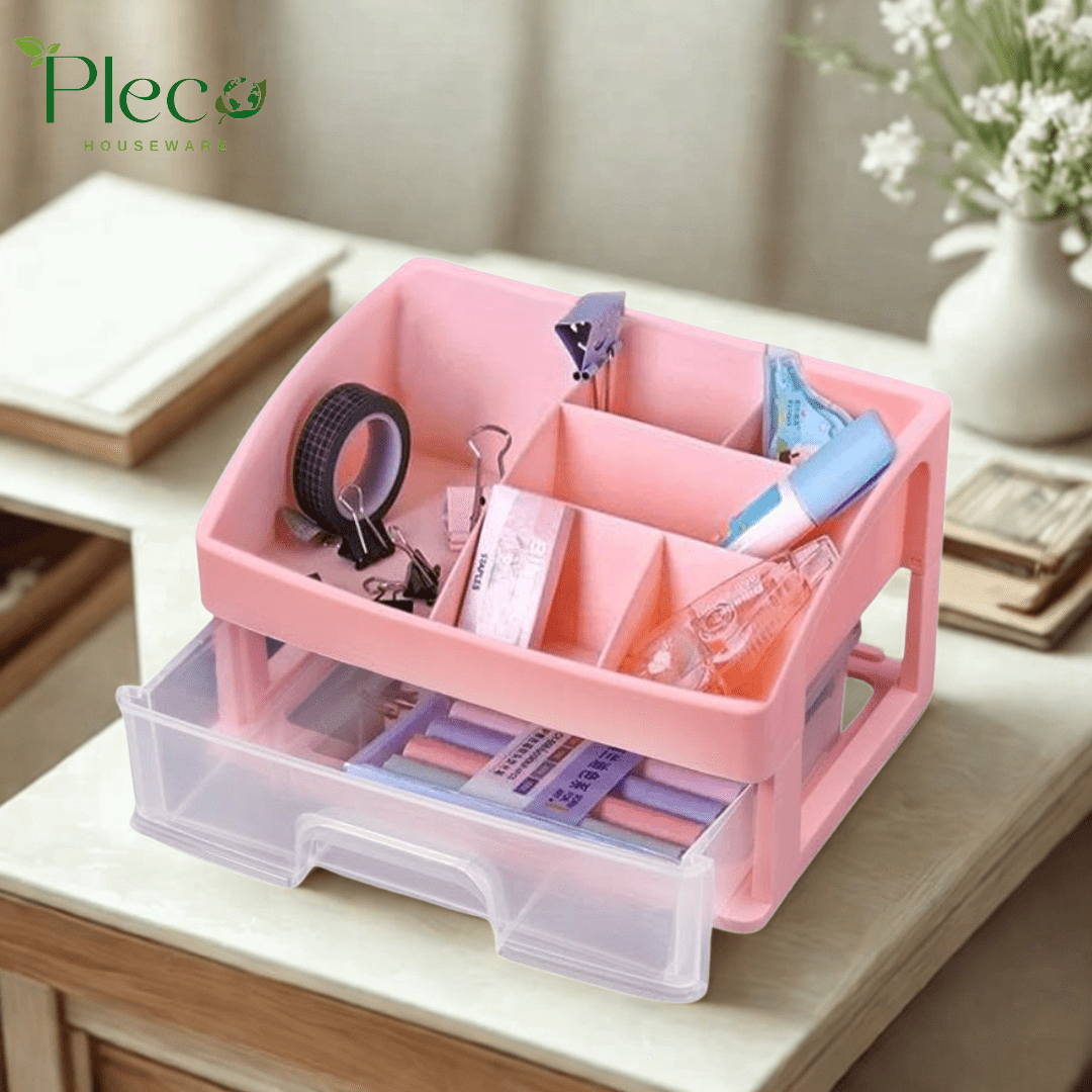 Multi - purpose Organizer with Drawers | Transparent Desk Storage Box | Makeup Organizer | Stationery Holder for Home, School & Office - Pleco Houseware