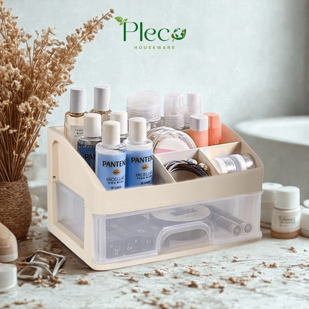 Multi - purpose Organizer with Drawers | Transparent Desk Storage Box | Makeup Organizer | Stationery Holder for Home, School & Office - Pleco Houseware