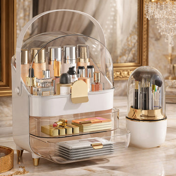 White-Gold Cosmetic Organizer with Dustproof Dome & Drawer Storage