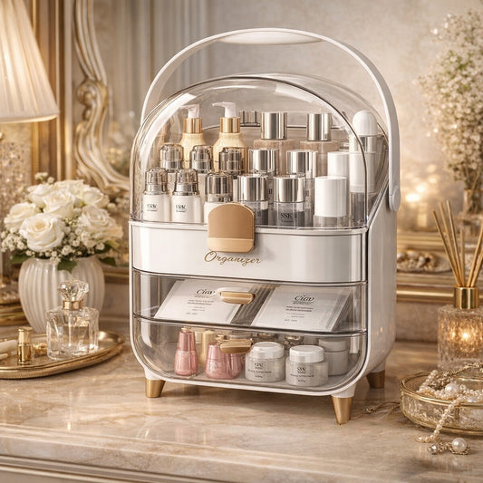 White-Gold Cosmetic Organizer with Dustproof Dome & Drawer Storage