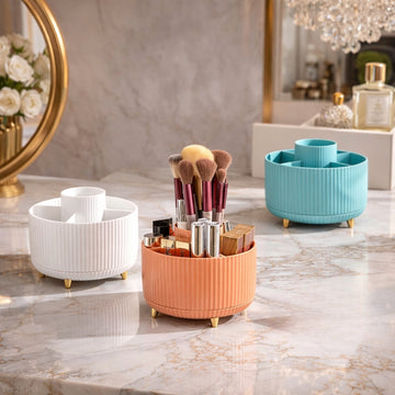 Luxury Rotating Makeup Brush Holder with Compartments – Premium Cosmetic Organizer for Vanity & Dressing Table