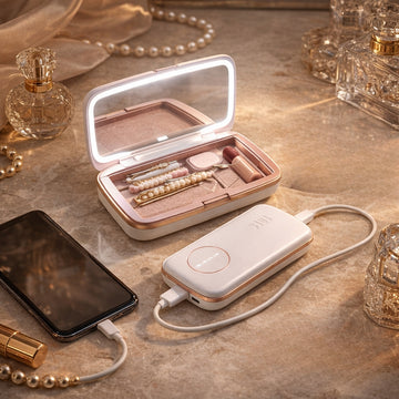 Luxury LED Cosmetic Mirror Power Bank with Storage Case – Portable Makeup Organizer & Mobile Charger