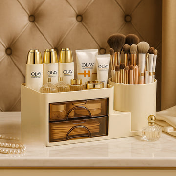 Luxury 2-Tier Cosmetic Organizer with Drawers & Brush Holder – Elegant Vanity Storage Box