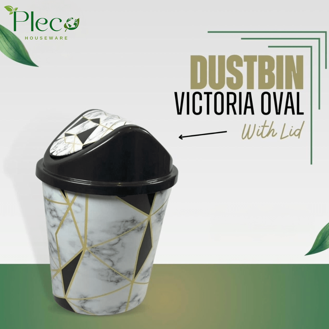 Oval Shape Marble Print Dustbin with Swinging Flapper - Pleco Houseware