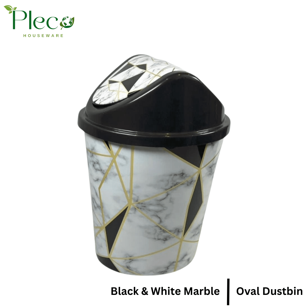 Oval Shape Marble Print Dustbin with Swinging Flapper - Pleco Houseware