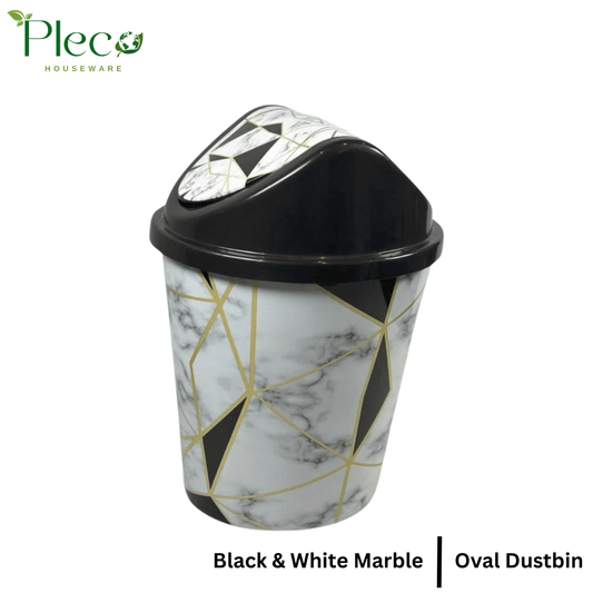 Oval Shape Marble Print Dustbin with Swinging Flapper - Pleco Houseware