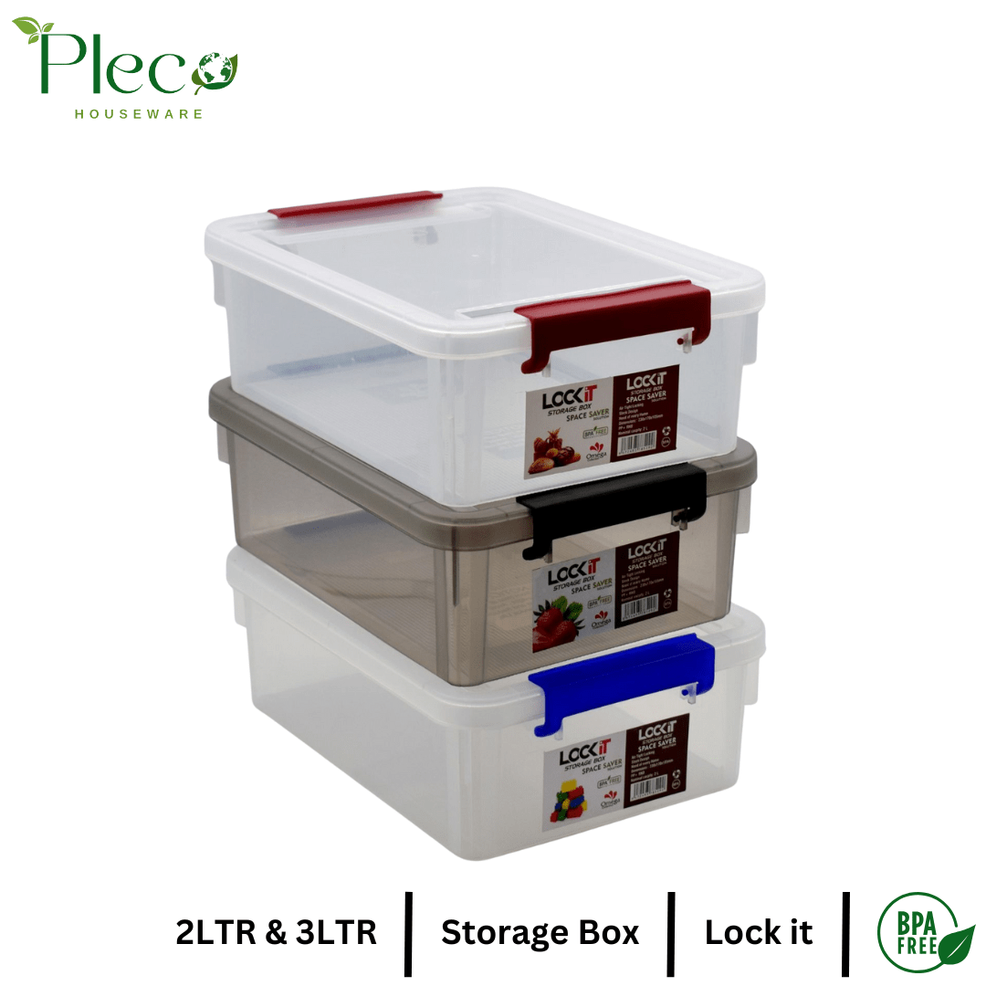 Plastic Storage Box with Lock | 2L & 3L Food Storage Container | Stackable Organizer for Kitchen, Jewelry & Household Items - Pleco Houseware