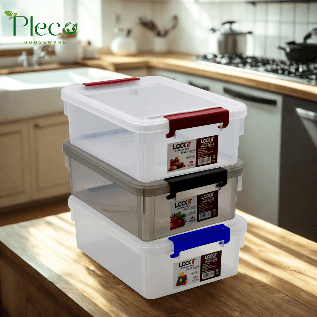 Plastic Storage Box with Lock | 2L & 3L Food Storage Container | Stackable Organizer for Kitchen, Jewelry & Household Items - Pleco Houseware