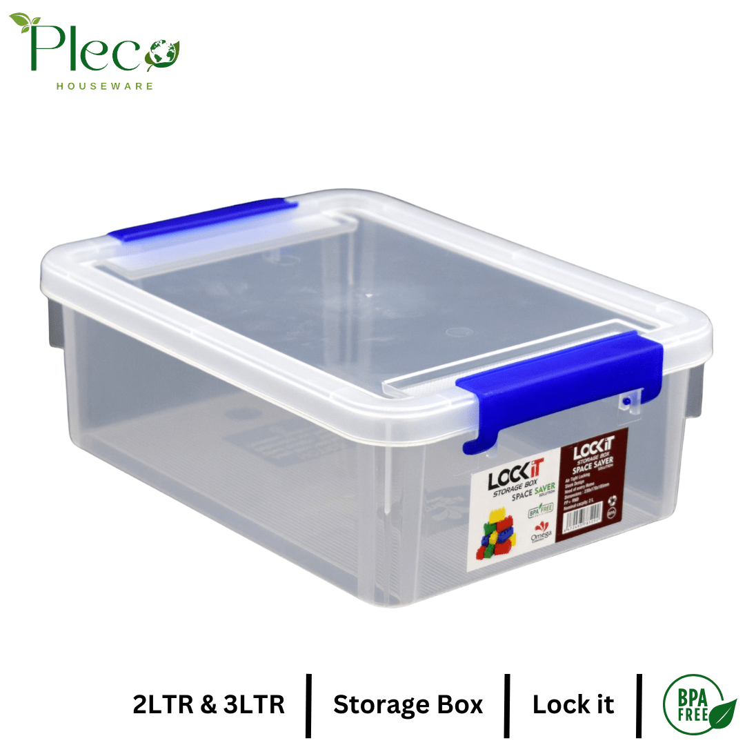 Plastic Storage Box with Lock | 2L & 3L Food Storage Container | Stackable Organizer for Kitchen, Jewelry & Household Items - Pleco Houseware