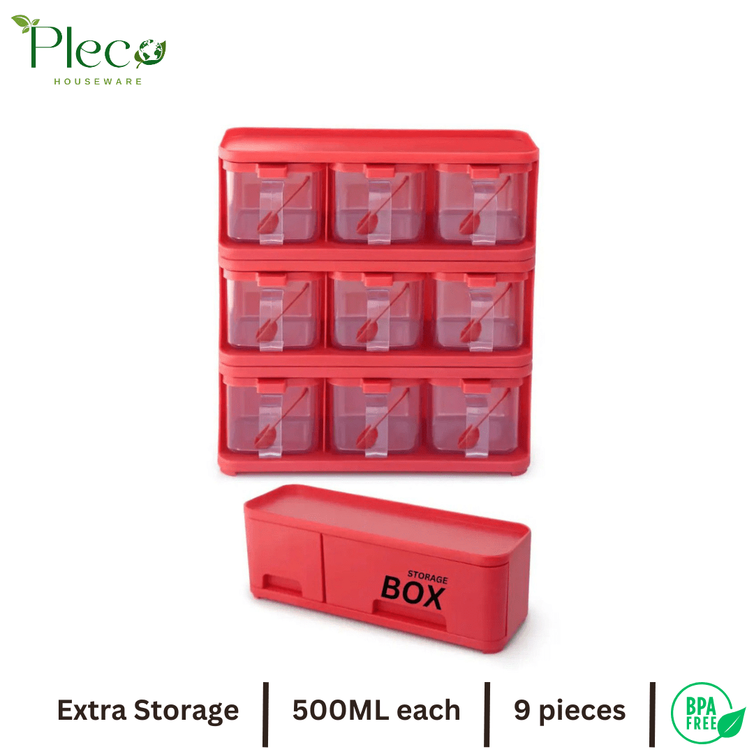 Purity Max Spice Rack with 9 Jars & Spoons | 500ml Each | Condiments & Masala Storage Box - Pleco Houseware