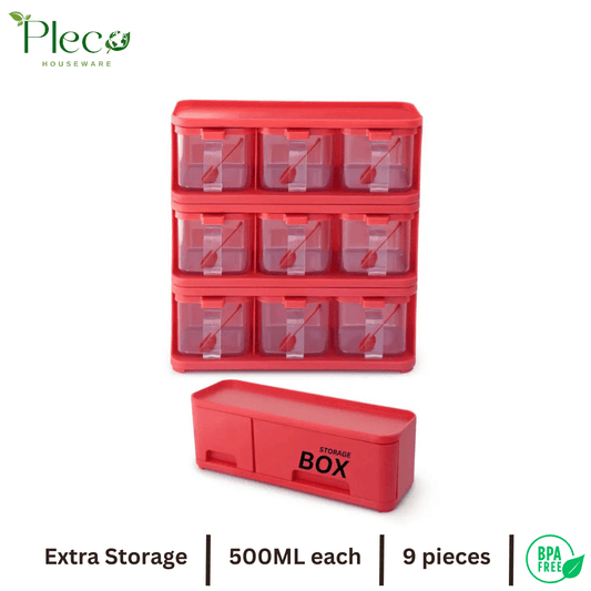 Purity Max Spice Rack with 9 Jars & Spoons | 500ml Each | Condiments & Masala Storage Box - Pleco Houseware