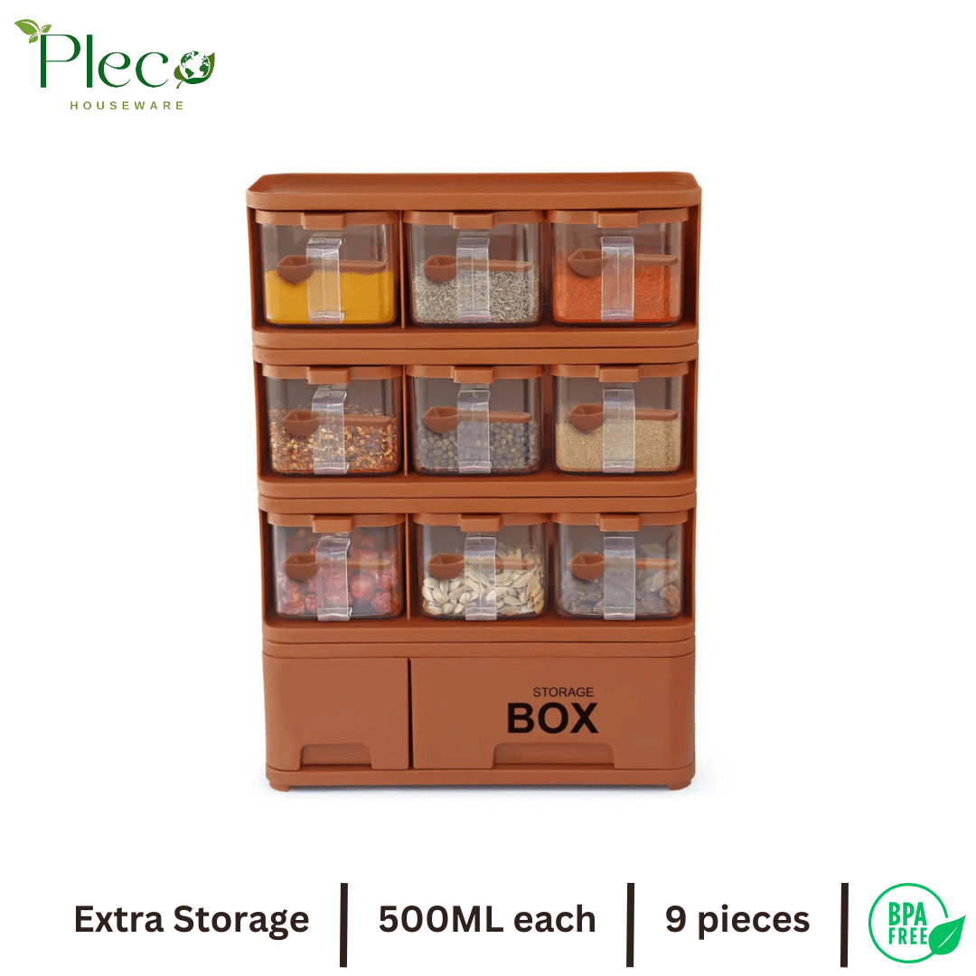 Purity Max Spice Rack with 9 Jars & Spoons | 500ml Each | Condiments & Masala Storage Box - Pleco Houseware