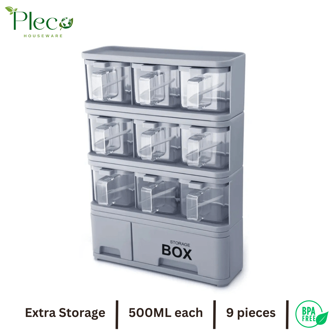 Purity Max Spice Rack with 9 Jars & Spoons | 500ml Each | Condiments & Masala Storage Box - Pleco Houseware