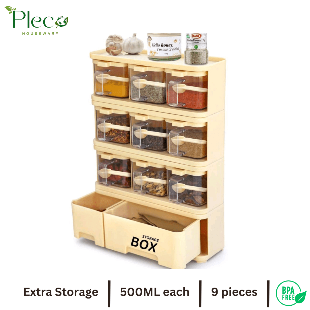 Purity Max Spice Rack with 9 Jars & Spoons | 500ml Each | Condiments & Masala Storage Box - Pleco Houseware