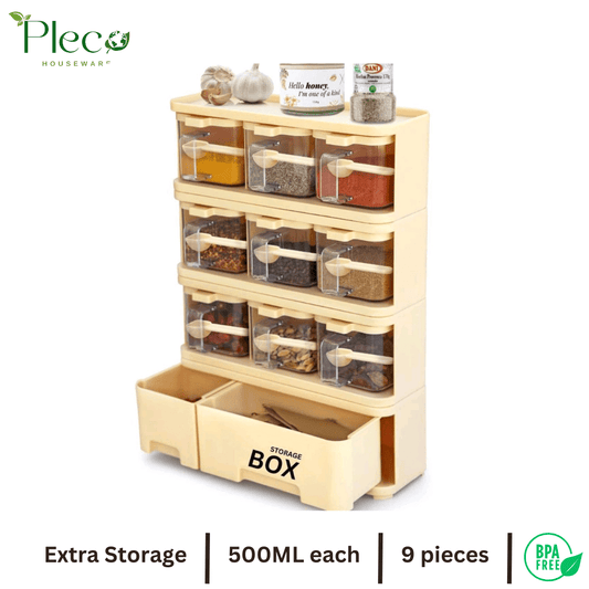 Purity Max Spice Rack with 9 Jars & Spoons | 500ml Each | Condiments & Masala Storage Box - Pleco Houseware