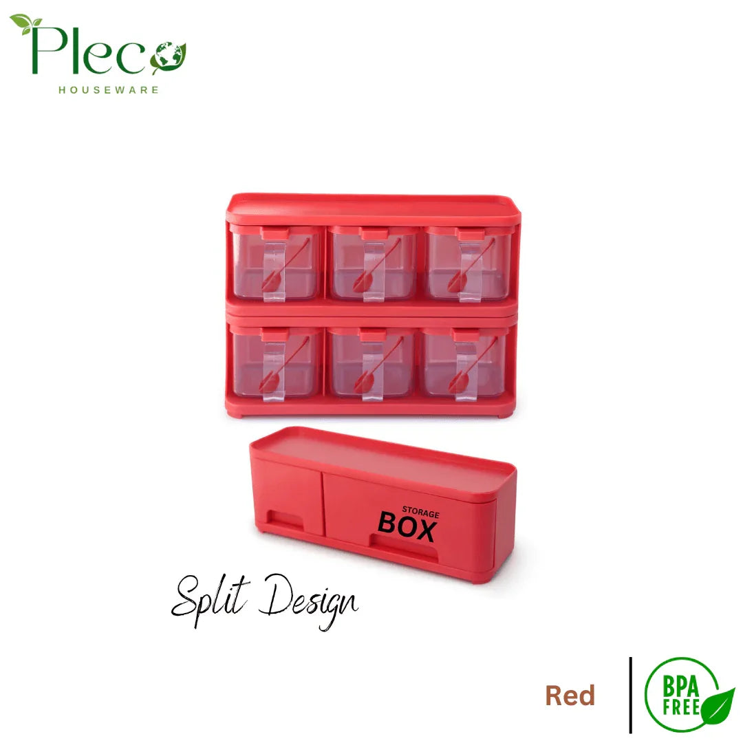 Purity Max Storage Box Condiments & Spice Rack With 6 Spice Jars and Spoons - 500ml - Pleco Houseware