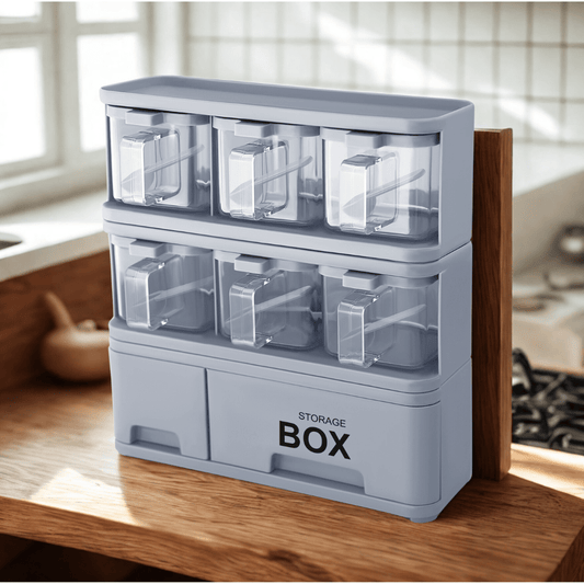 Purity Max Storage Box Condiments & Spice Rack With 6 Spice Jars and Spoons - 500ml - Pleco Houseware