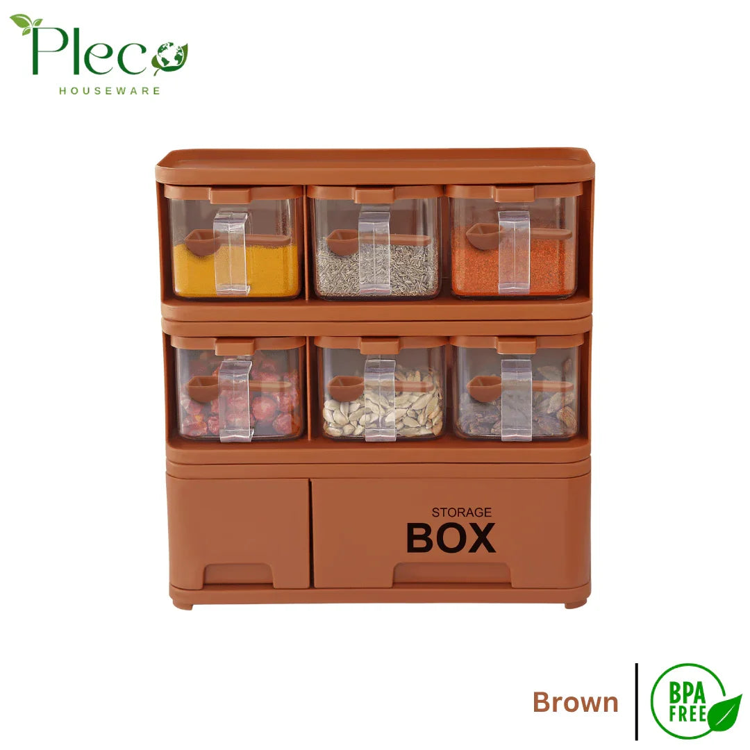 Purity Max Storage Box Condiments & Spice Rack With 6 Spice Jars and Spoons - 500ml - Pleco Houseware