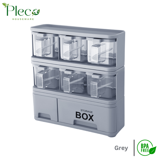 Purity Max Storage Box Condiments & Spice Rack With 6 Spice Jars and Spoons - 500ml - Pleco Houseware