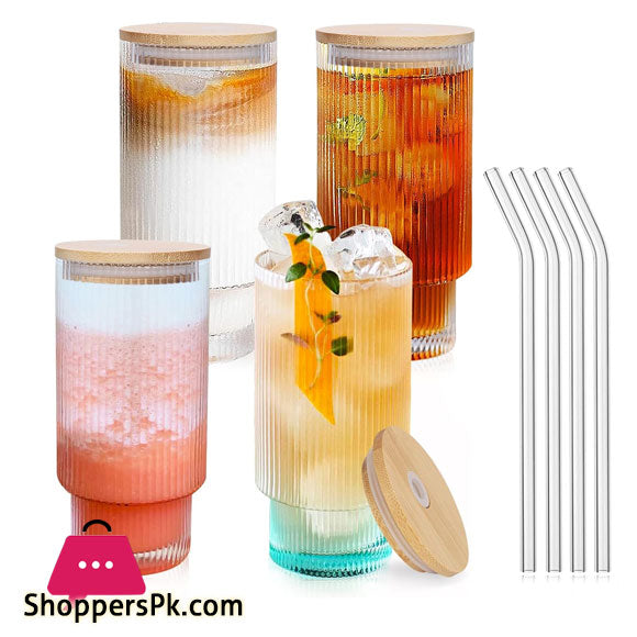 Ribbed Glass with Bamboo Lid & Straw - Pleco Houseware