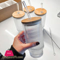 Ribbed Glass with Bamboo Lid & Straw - Pleco Houseware