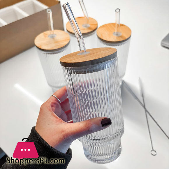 Ribbed Glass with Bamboo Lid & Straw - Pleco Houseware