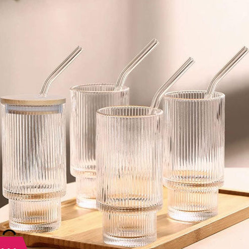 Ribbed Glass with Bamboo Lid & Straw - Pleco Houseware