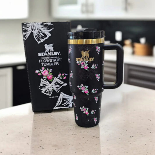 Stanley Quencher H2.0 FlowState Tumbler | 40 OZ | Black Floral Edition - Pleco Houseware