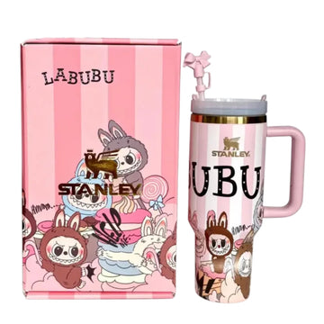 Stanley x Labubu Limited Edition Tumbler – Pink Cartoon Character Design with Straw