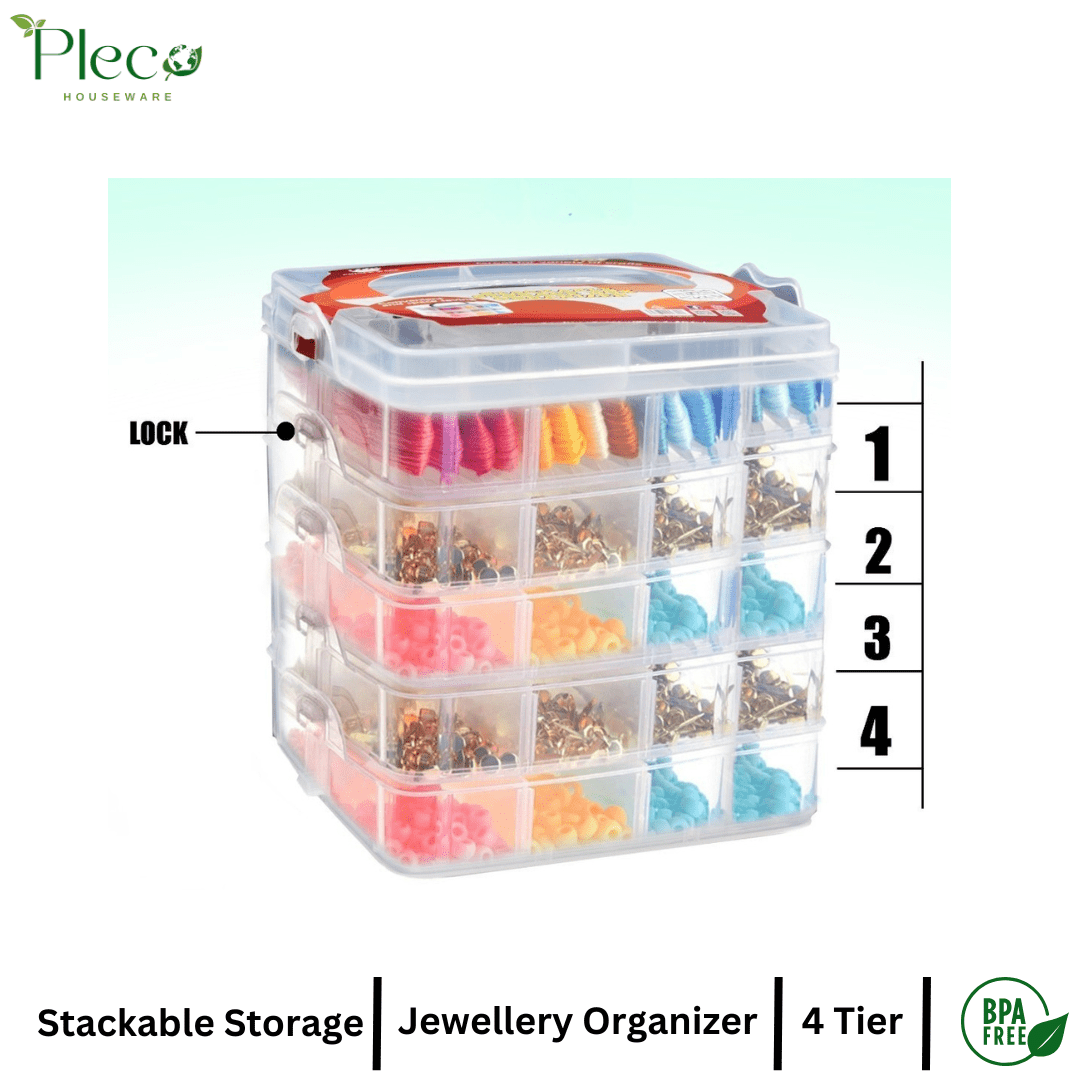 Transparent Stackable Jewelry Organizer Box | 2–4 Layer Multipurpose Plastic Storage Box with 12–24 Sections for Jewelry, Beads, Medicine & Accessories by Pleco Houseware - Pleco Houseware