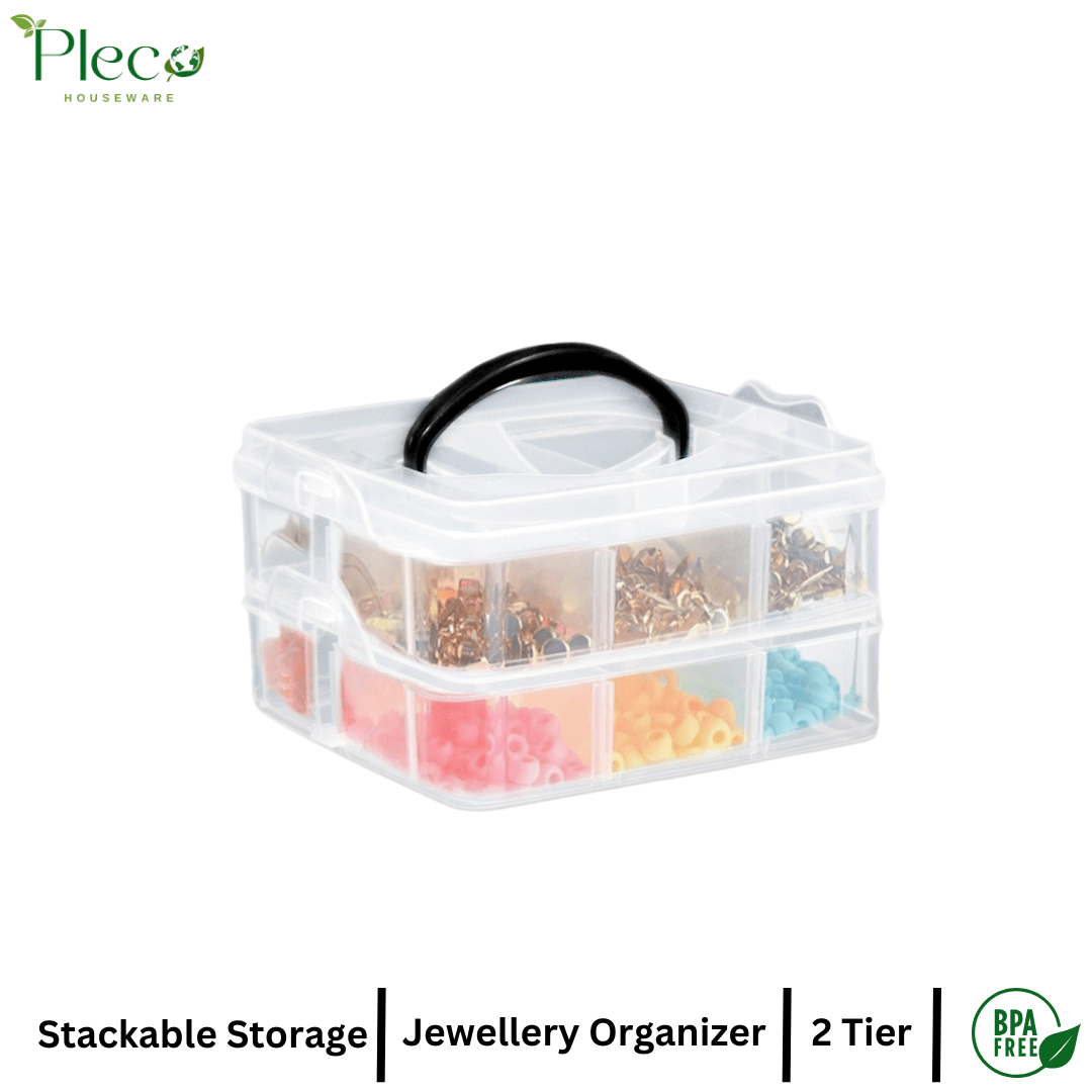 Transparent Stackable Jewelry Organizer Box | 2–4 Layer Multipurpose Plastic Storage Box with 12–24 Sections for Jewelry, Beads, Medicine & Accessories by Pleco Houseware - Pleco Houseware