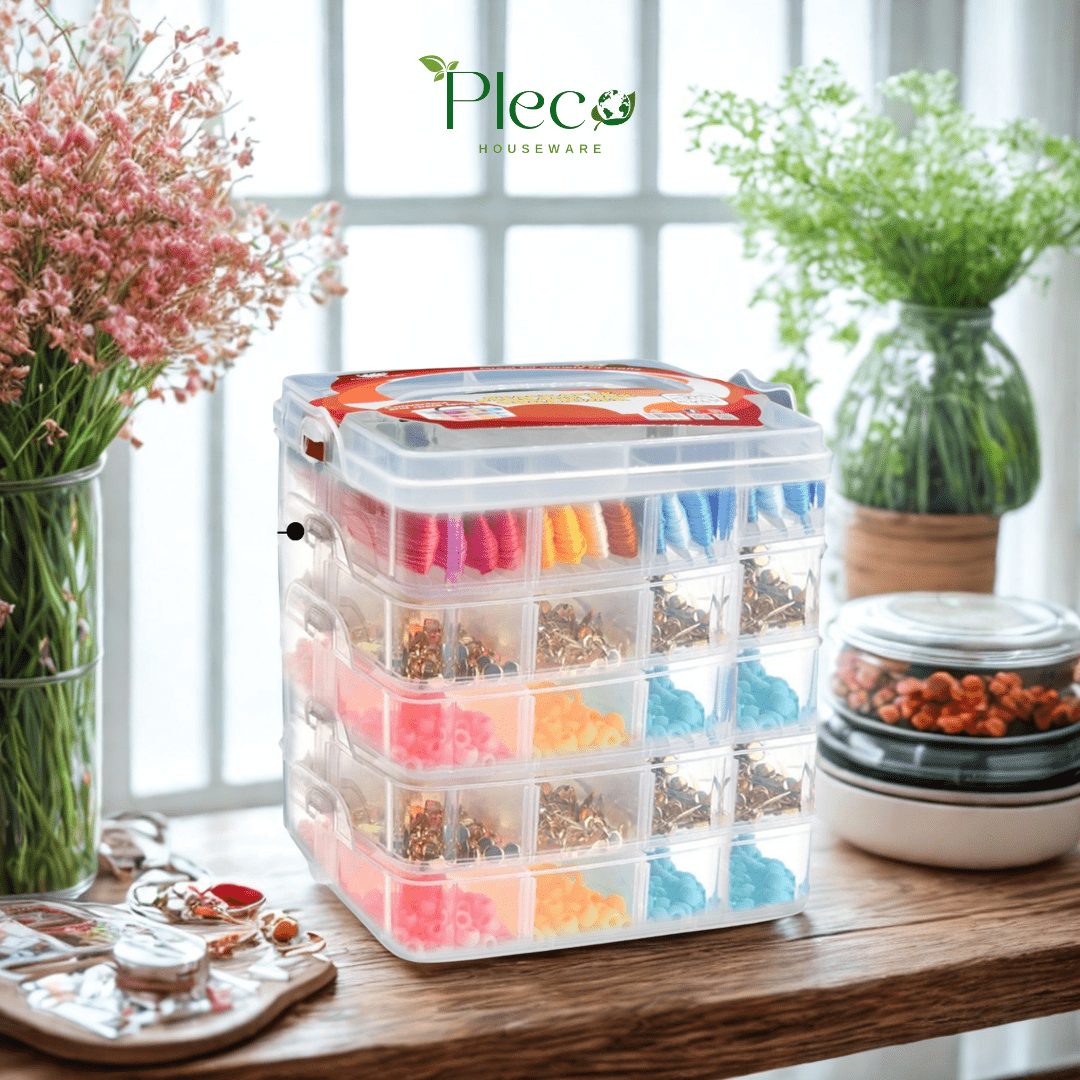 Transparent Stackable Jewelry Organizer Box | 2–4 Layer Multipurpose Plastic Storage Box with 12–24 Sections for Jewelry, Beads, Medicine & Accessories by Pleco Houseware - Pleco Houseware